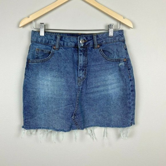 Wild Fable Denim Mini‎ Skirt 8 Medium Wash Blue Jean Distress High Waist - Picture 1 of 9